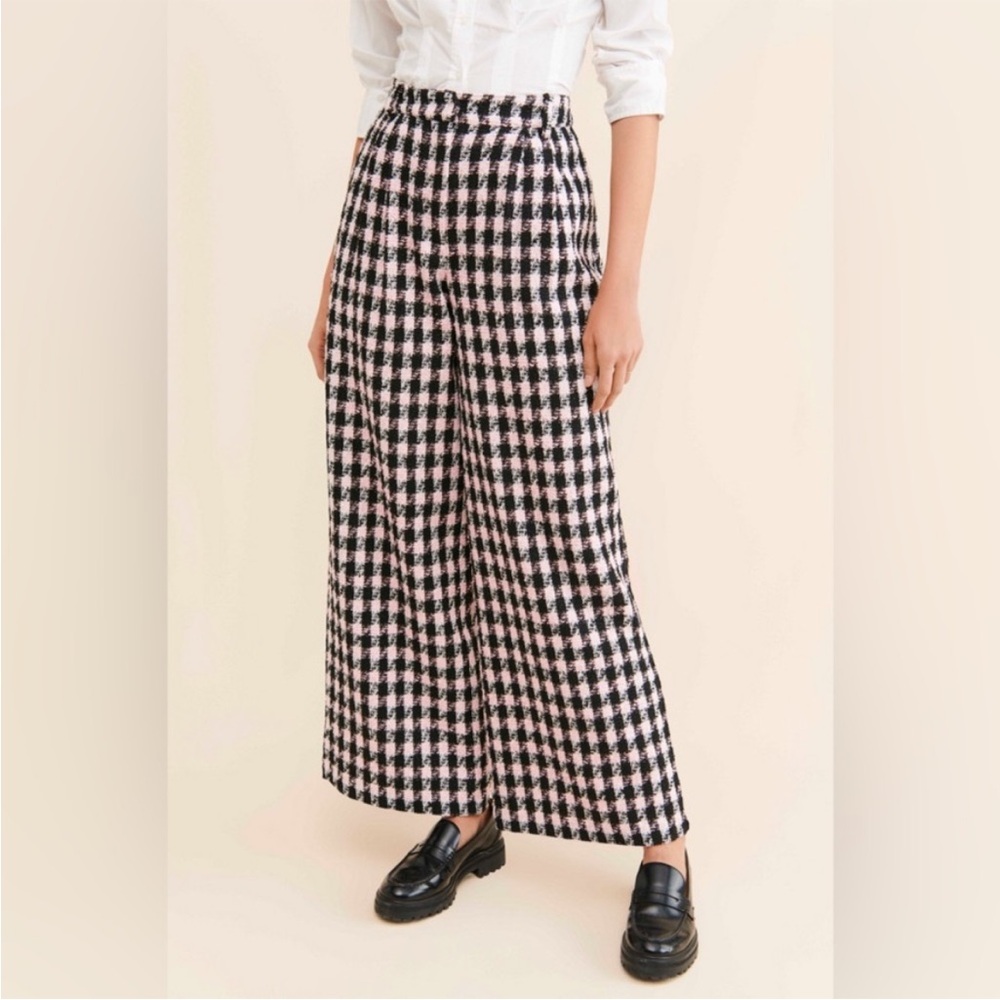 Hutch Anthropologie Wide Leg Smart Tweed Pants Pink Black Lined Women Sz 4‎